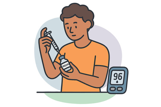 Person preparing insulin injection with blood sugar monitor in cartoon style