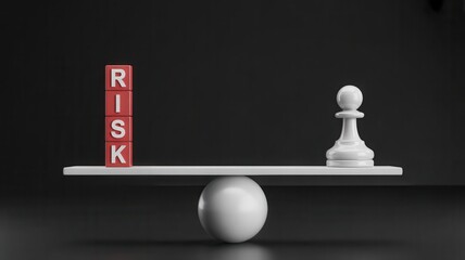 Conceptual business risk assessment with red RISK letters and pawn piece on a balanced white seesaw representing uncertainty, strategy and decision making