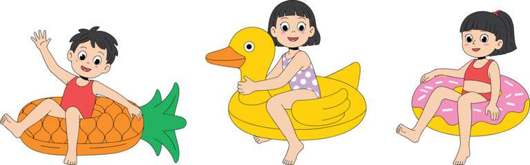 Cartoon kids swimming pool, children playing float, summer holiday fun, inflatable toys illustration, water activity vector, happy vacation drawing, animation