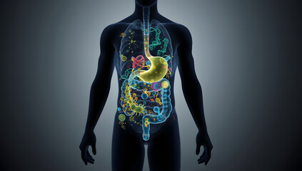 Human digestive system with microbiome bacteria illustration