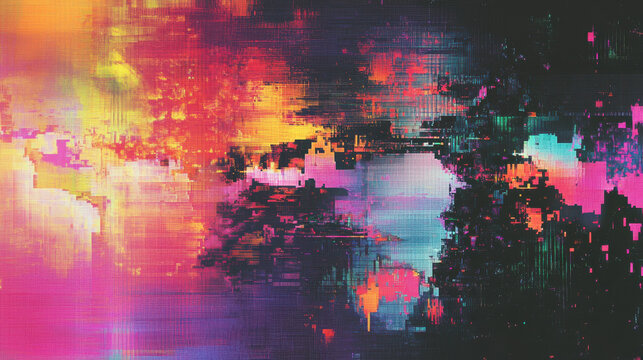 Abstract glitchy distortion with colorful pixelation, digital noise, and surreal fragmented shapes &mdash;ar 16:9 