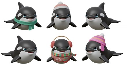 Cute cartoon orcas in winter accessories