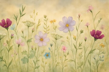 Wildflower Whispers – Watercolor Floral Field in Soft Tones for Nature-Inspired Calm

