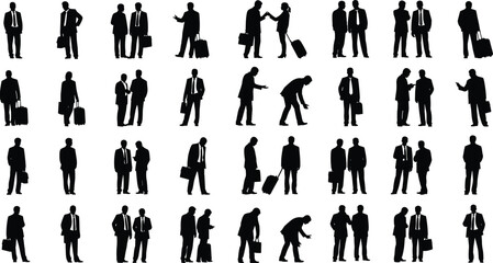 Silhouettes of Business Professionals in Formal Attire Engaged in Office Activities for Corporate, Teamwork, Communication, Leadership, and Marketing Concepts