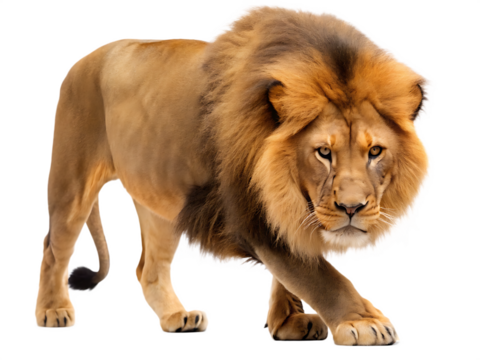 Majestic lion prowling forward isolated on a transparent background