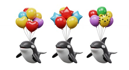 Orcas with colorful balloons stock photo