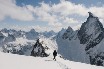 A lone hiker traverses a snowy mountain ridge under a partly cloudy sky, with jagged peaks in the background.