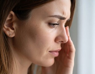 Sad woman crying near window.