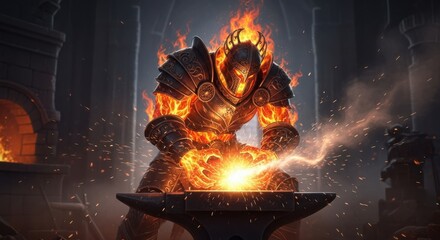 Fiery Warrior Forging Armor on Anvil Sparks Flying