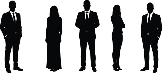 Business people silhouettes in formal attire, men and women standing poses, corporate professionals vector illustration, elegant office worker design figures