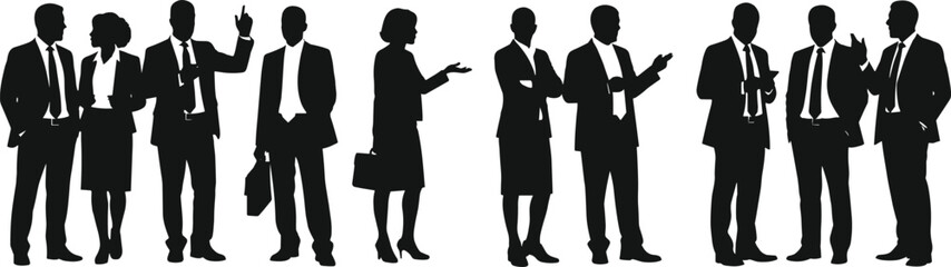 Business people silhouettes vector illustration, corporate team meeting discussion, office professionals standing together, teamwork communication concept, collaboration design, workplace conversation