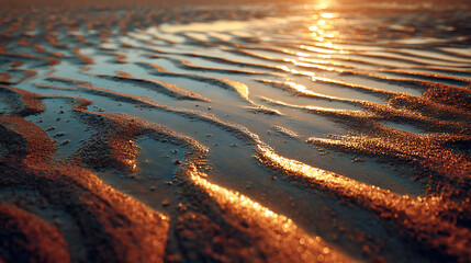 Reflection of golden sunset on rippled wet sand at a tranquil beach shore