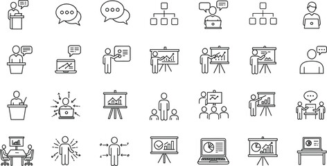Business presentation icons, teamwork collaboration, office communication, corporate training, data analysis, project management, speech bubble dialogue, leadership strategy, online meeting