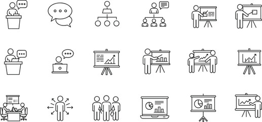 Business presentation icons, office communication, teamwork collaboration, data chart analysis, speech bubble dialogue, corporate meeting, leadership training, marketing strategy, project management