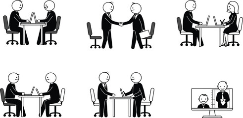 Business stick figure illustration, people working on laptops, handshake agreement, office meeting, teamwork collaboration, partnership, online communication, corporate discussion concept