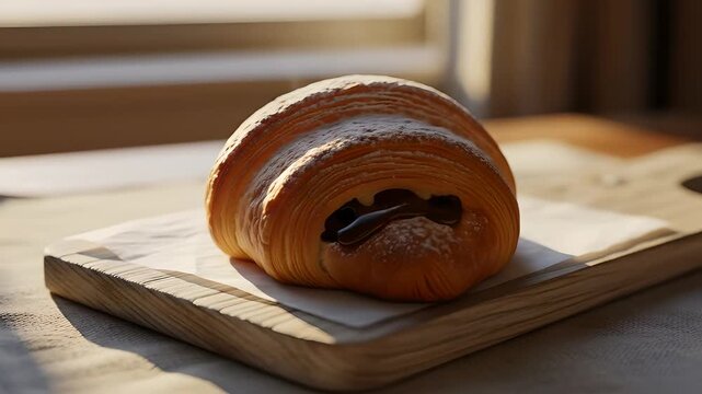 Pain au chocolat on wooden board with steam. Bakery delight, cafe treat, perfect for breakfast, patisserie menu, recipe demo, advertising bakehouse or food blog. Food background