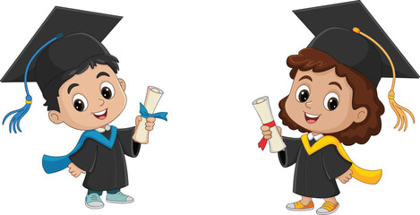 Cute cartoon boy and girl in graduation gown, holding diploma certificate, happy kids celebrating academic success, education achievement, school graduation illustration
