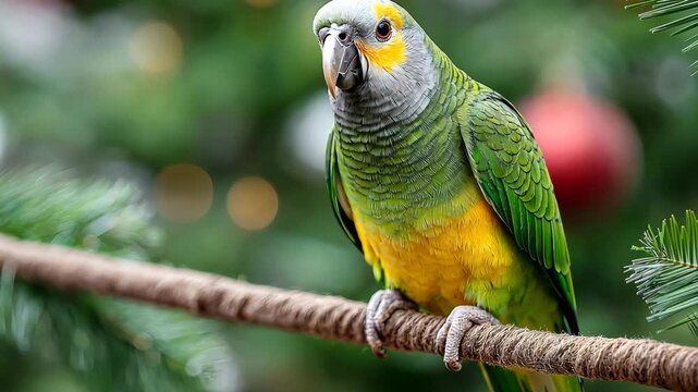 Colorful parrot perched on branch surrounded by holiday decorations in festive setting