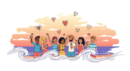 Fototapeta premium Joyful Diverse Group Enjoying Beach Vacation with Cocktails and Heart Embellishments