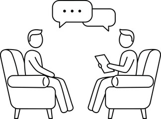 Therapy session with patient and psychologist, vector line art illustration, mental health support, counseling and discussion, problem-solving dialogue