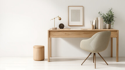 Minimalist Wooden Desk Workspace | Bright Home Office with Neutral Decor | Modern Workspace with Chair and Storage
