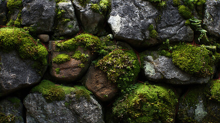 Textured stone wall covered in vibrant moss and greenery in a natural setting