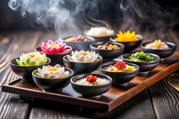 Steaming Asian Desserts in Decorative Bowls on Wooden Tray