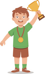 Happy young boy celebrating victory, holding gold trophy, wearing medal, child champion illustration, sports achievement, competition winner, success concept, cartoon style