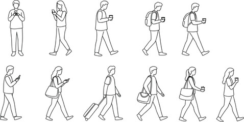 Line art walking people, modern commuters illustration, business travelers vector, office workers drawing, students with bags, coffee drinkers, lifestyle design concept