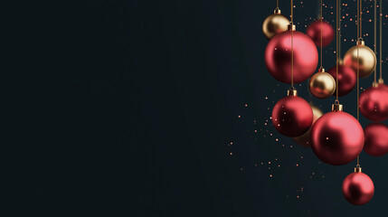 Beautiful red and gold Christmas balls arranged artistically on a black background with elegant text space, symbolizing holiday joy, festivity, and modern seasonal design.