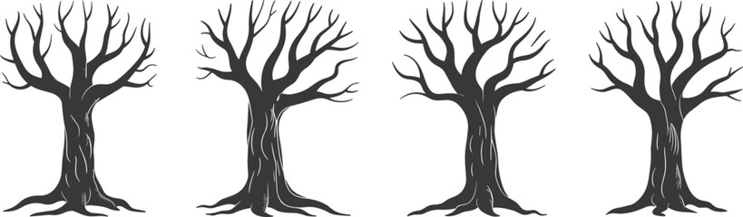 Silhouette of bare trees, leafless branches illustration, spooky forest design, winter season tree art, nature graphic element, dark woodland background