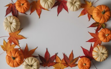 Fall-themed pumpkin and leaf border on white background