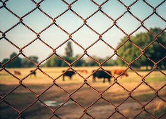 A rustic wire fence frames a picturesque view of cows grazing in a sunlit pasture, evoking a sense of rural tranquility and the beauty of agricultural landscapes with vintage charm