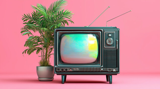 A black retro television with a glitchy screen emits distorted light and static noise, evoking nostalgia and vintage digital chaos on pink background  - Powered by Adobe