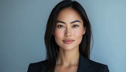 Close-Up Portrait Of A Young Mixed-Race Asian Caucasian Businesswoman In Her Twenties On A White Background. Professional Profile Picture.