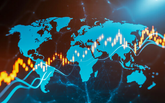 Global financial markets surge with digital world map and stock market data visualization - Powered by Adobe