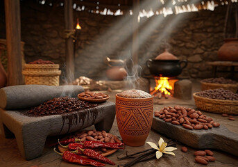 Traditional preparation of cocoa beans in a rustic setup