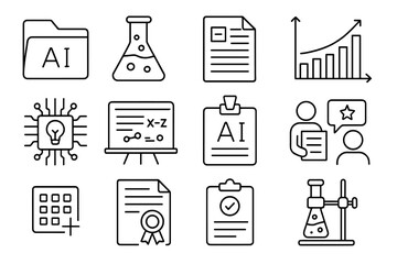 AI Research Icons. Line style icons of AI research and labs: research folder, AI lab flask, academic paper icon, benchmark chart,