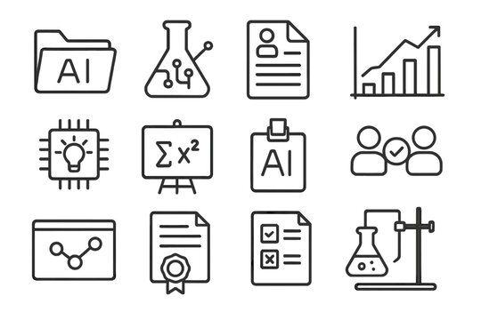 AI Research Icons. Line style icons of AI research and labs: research folder, AI lab flask, academic paper icon, benchmark chart,