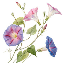 Obraz premium Watercolor Morning Glory Flowers Pink Blue isolated on a transparent background image