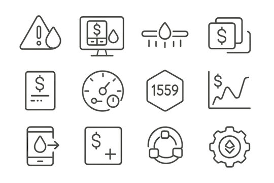 Gas Fee Optimization Icons. Line style icons of gas fee optimization: low gas alert, fee estimator, gas price slider, transaction