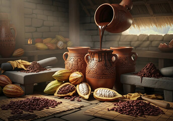 Pouring chocolate into decorated clay pots with cocoa