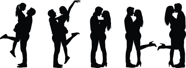 Romantic Couple Silhouettes in Love Poses Including Hugging, Kissing, and Lifting for Valentine’s Day and Relationship Concept Vector Illustration