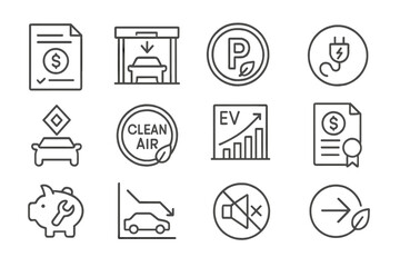 EV Ownership Icons. Line style icons of EV ownership benefits: tax credit form, reduced toll icon, green parking badge, free