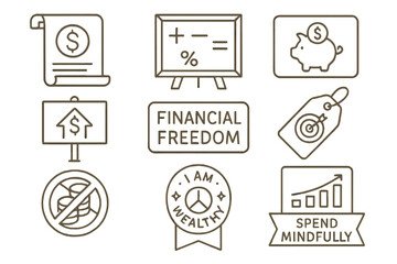 Fototapeta premium Finance Icon Collection. Line style icons of personal finance quotes and affirmations: money mantra scroll, budgeting quote board,