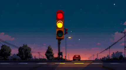 Pixel art car stopping at red traffic light at sunset