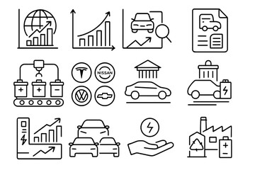 EV Industry Line Icons. Line style icons of EV market and industry: global EV sales chart, EV adoption graph, battery production
