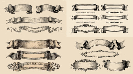 Antique ribbon banners and ornate frames in engraved line art. Elegant borders, labels, and dividers perfect for certificates, invitations, packaging, and branding.