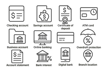 Banking Icons Collection. Line style icons of banking products: checking account icon, savings account file, certificate of