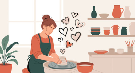 Passionate potter creating art with love and skill in a serene studio setting with hearts